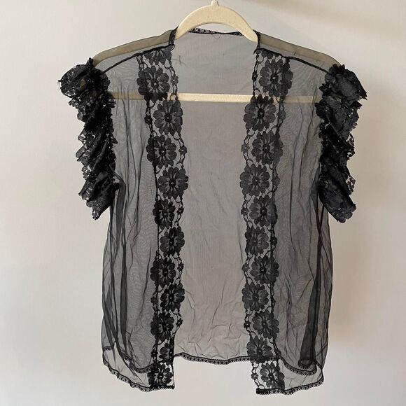 Black Lace Ruffle Floral Sheer Cardigan Women's Small Fairy Goth Regency READ - Picture 6 of 6